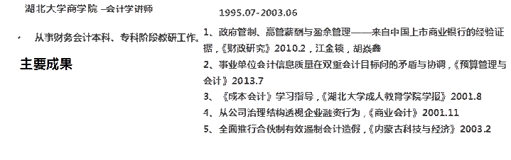 • 从事财务会计本科、专科阶段教研工作。,1、政府管制、高管薪酬与盈余管理——来自中国上市商业银行的经验证据，《财政研究》2010.2，江金锁，胡焱鑫2、事业单位会计信息质量在双重会计目标问的矛盾与协调，《预算管理与会计》2013.73、《成本会计》学习指导，《湖北大学成人教育学院学报》2001.84、从公司治理结构透视企业融资行为，《商业会计》2001.115、全面推行合伙制有效遏制会计造假，《内蒙古科技与经济》2003.2,主要成果,湖北大学商学院 –会计学讲师,1995.07-2003.06